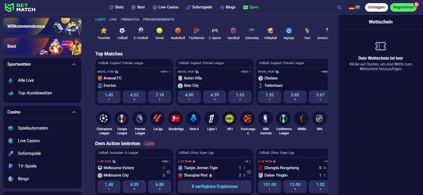 Sportübersicht von Betmatch mit deutschsprachiger Navigation