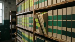 Geometrische Archivordner in einem dunkelgrünen Regal