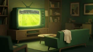 Papiercollage mit Fernsehgerät und beleuchtetem Fußballfeld im Abendlicht