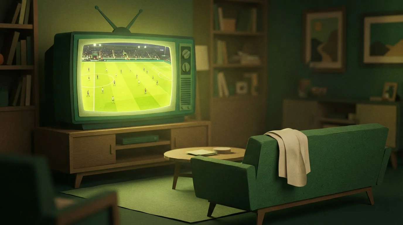 Papiercollage mit Fernsehgerät und beleuchtetem Fußballfeld im Abendlicht