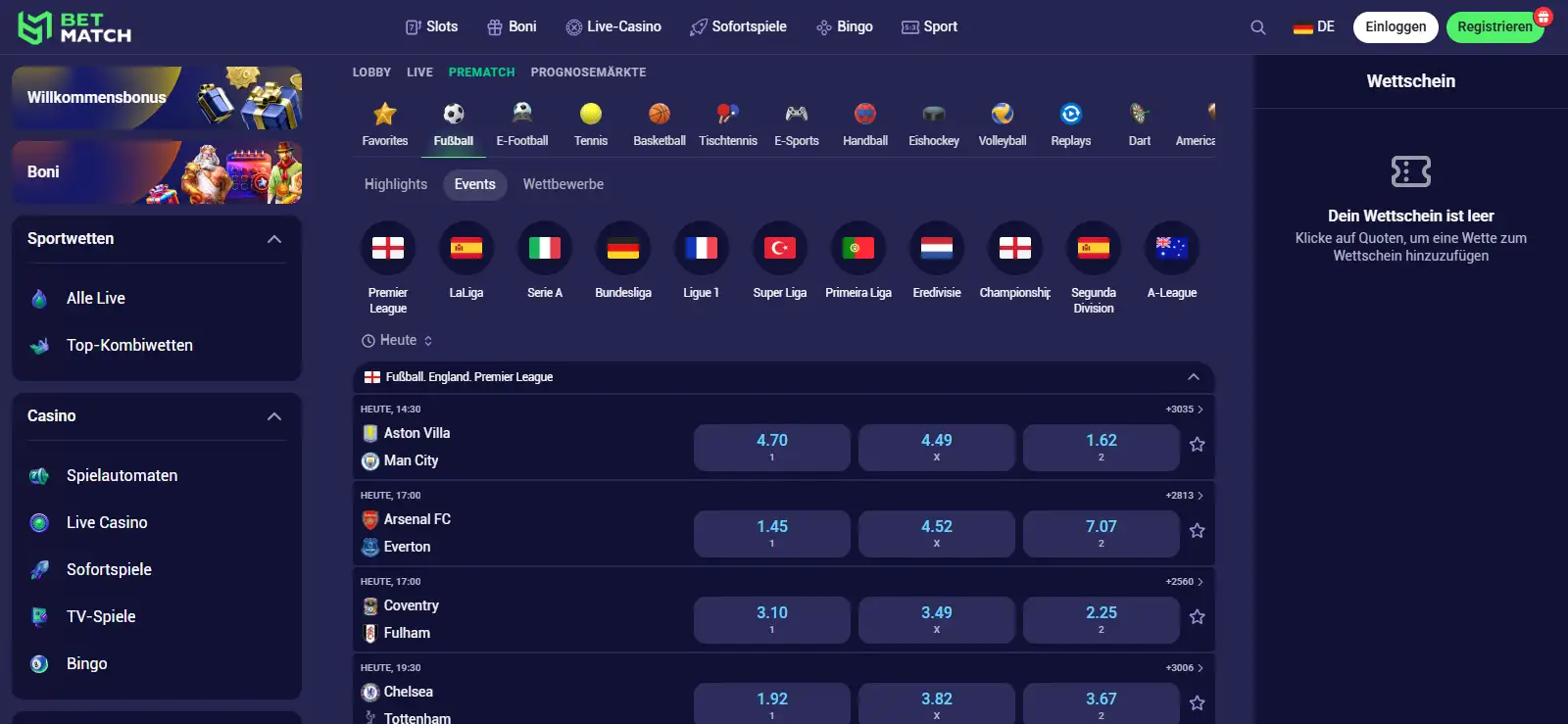 Fußballbereich von Betmatch mit Spielübersicht in deutscher Sprache