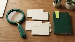 Lupe neben geordneten Karteikarten und einem geschlossenen Notizbuch auf einem Schreibtisch