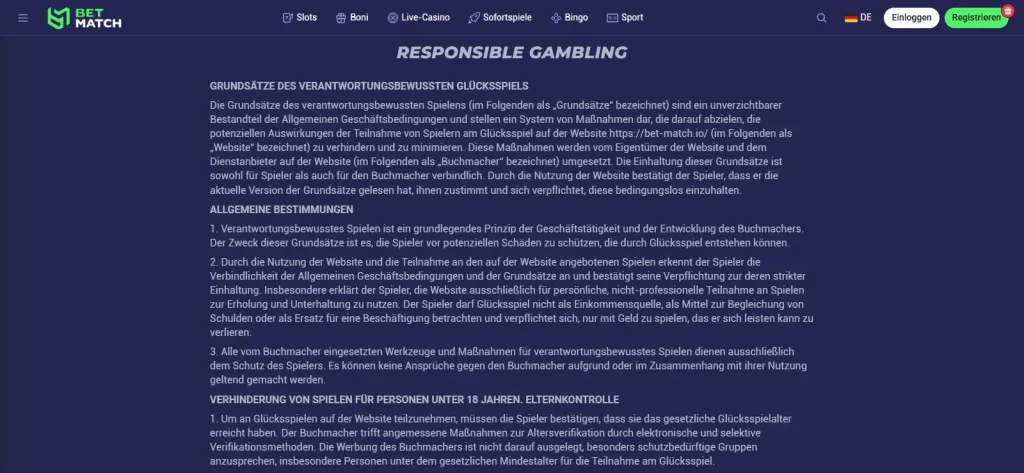 Deutschsprachige Informationsseite von Betmatch zum verantwortungsbewussten Spielen